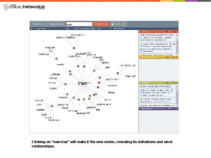 Clicking on “exercise” will make it the new center, revealing its definitions and word