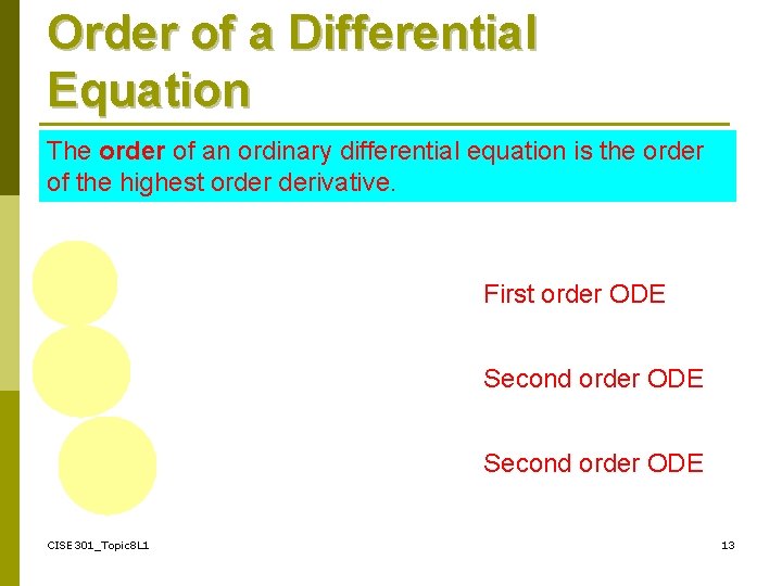 Order of a Differential Equation The order of an ordinary differential equation is the