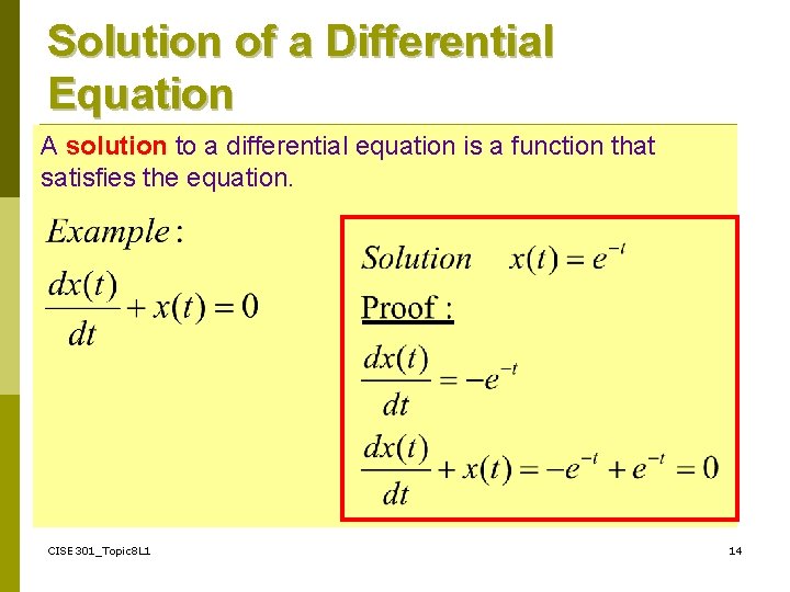 Solution of a Differential Equation A solution to a differential equation is a function