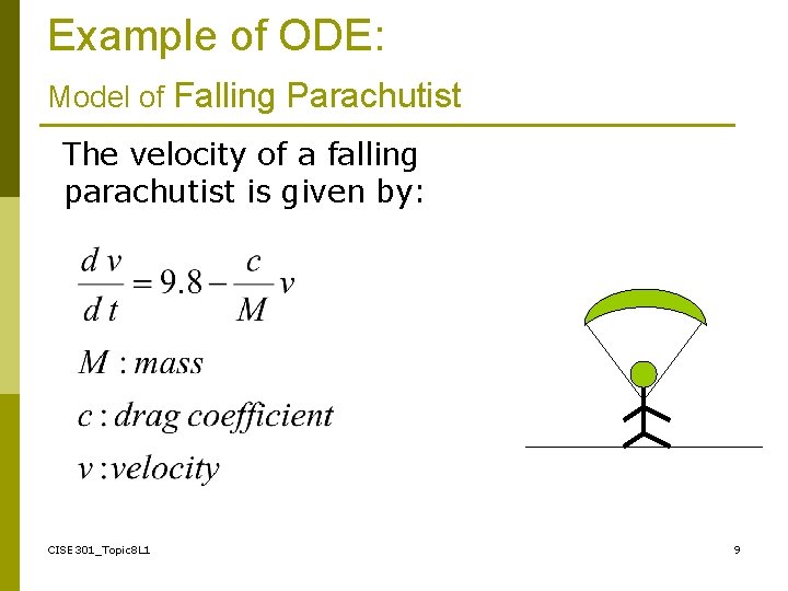 Example of ODE: Model of Falling Parachutist The velocity of a falling parachutist is