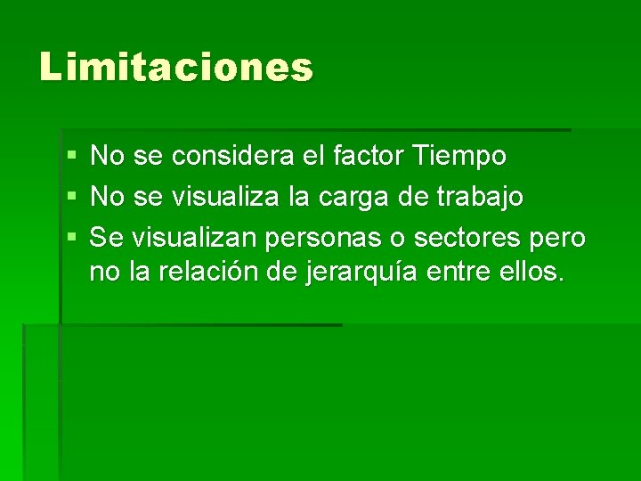 Limitaciones § § § No se considera el factor Tiempo No se visualiza la