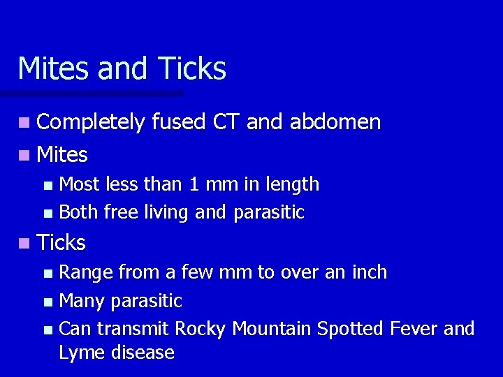 Mites and Ticks n Completely fused CT and abdomen n Mites Most less than