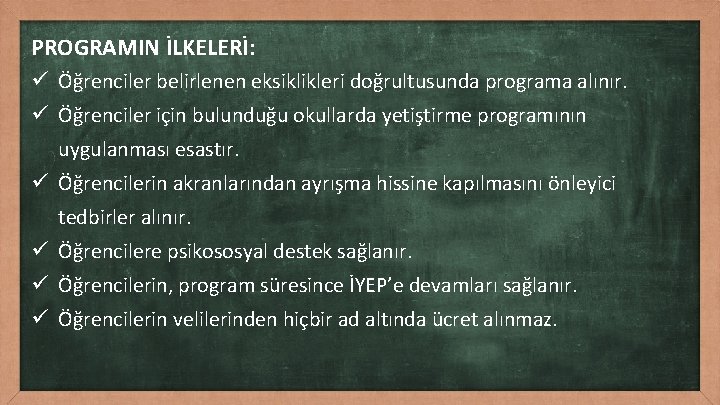 PROGRAMIN İLKELERİ: ü Öğrenciler belirlenen eksiklikleri doğrultusunda programa alınır. ü Öğrenciler için bulunduğu okullarda