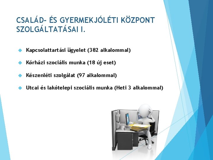 CSALÁD- ÉS GYERMEKJÓLÉTI KÖZPONT SZOLGÁLTATÁSAI I. Kapcsolattartási ügyelet (382 alkalommal) Kórházi szociális munka (18