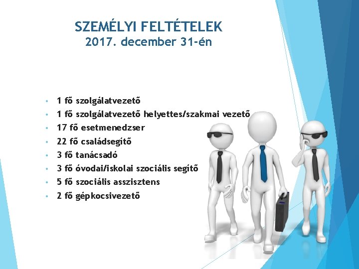 SZEMÉLYI FELTÉTELEK 2017. december 31 -én • 1 fő szolgálatvezető helyettes/szakmai vezető • 17