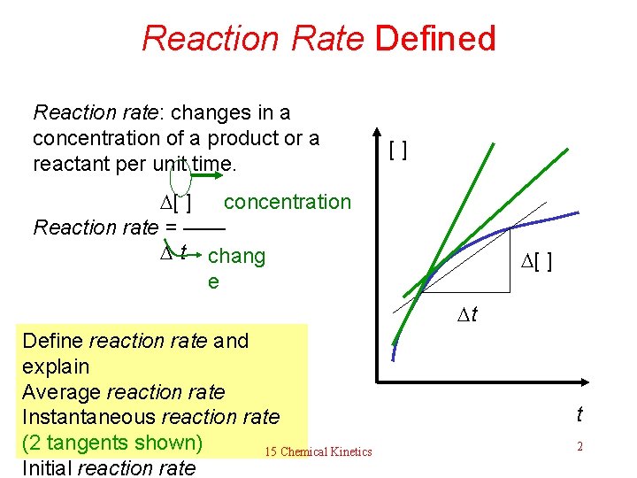 Reaction Rate Defined Reaction rate: changes in a concentration of a product or a