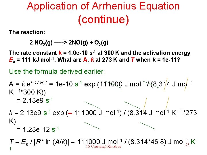 Application of Arrhenius Equation (continue) The reaction: 2 NO 2(g) -----> 2 NO(g) +