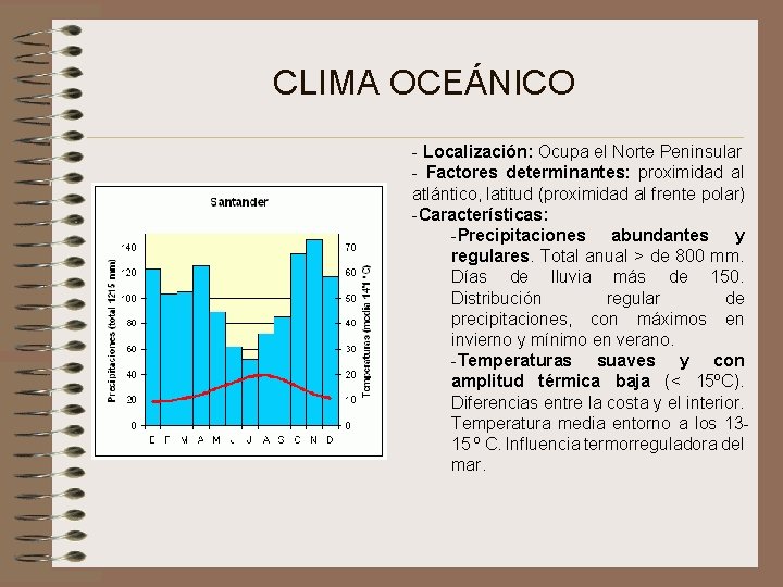CLIMA OCEÁNICO - Localización: Ocupa el Norte Peninsular - Factores determinantes: proximidad al atlántico,