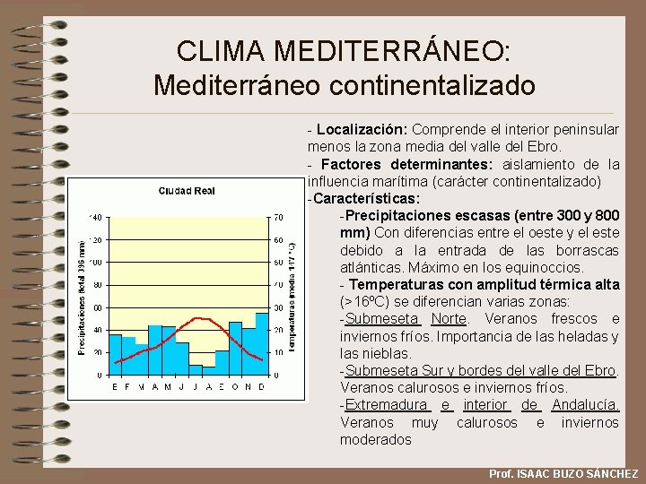 CLIMA MEDITERRÁNEO: Mediterráneo continentalizado - Localización: Comprende el interior peninsular menos la zona media