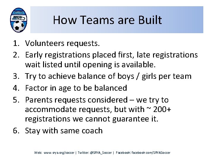 How Teams are Built 1. Volunteers requests. 2. Early registrations placed first, late registrations