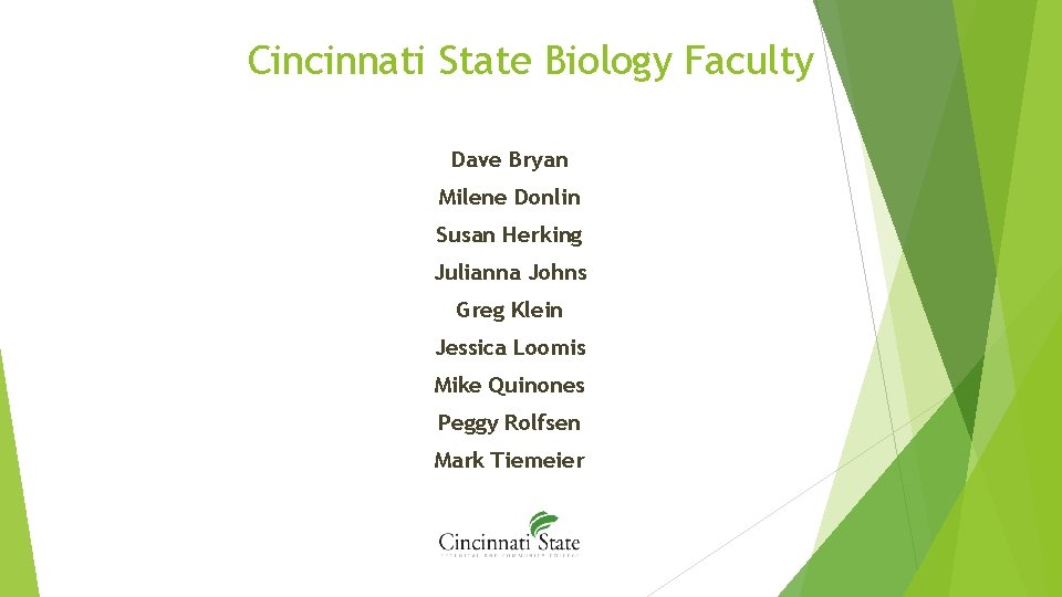 Cincinnati State Biology Faculty Dave Bryan Milene Donlin Susan Herking Julianna Johns Greg Klein