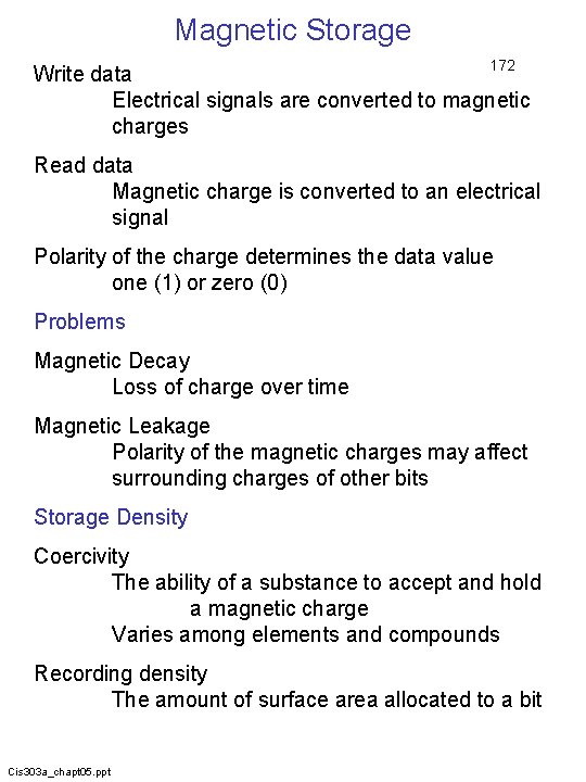 Magnetic Storage 172 Write data Electrical signals are converted to magnetic charges Read data