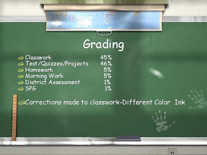 Grading / Classwork / Test/Quizzes/Projects / Homework / Morning Work / District Assessment /
