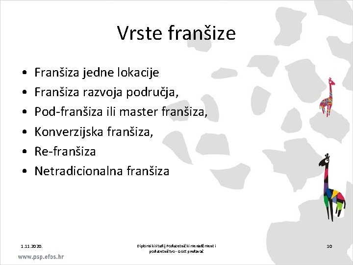 Vrste franšize • • • Franšiza jedne lokacije Franšiza razvoja područja, Pod-franšiza ili master