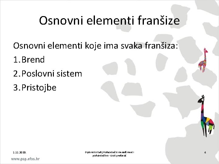 Osnovni elementi franšize Osnovni elementi koje ima svaka franšiza: 1. Brend 2. Poslovni sistem