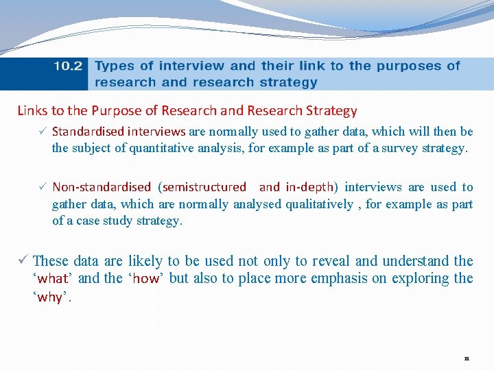 Links to the Purpose of Research and Research Strategy ü Standardised interviews are normally