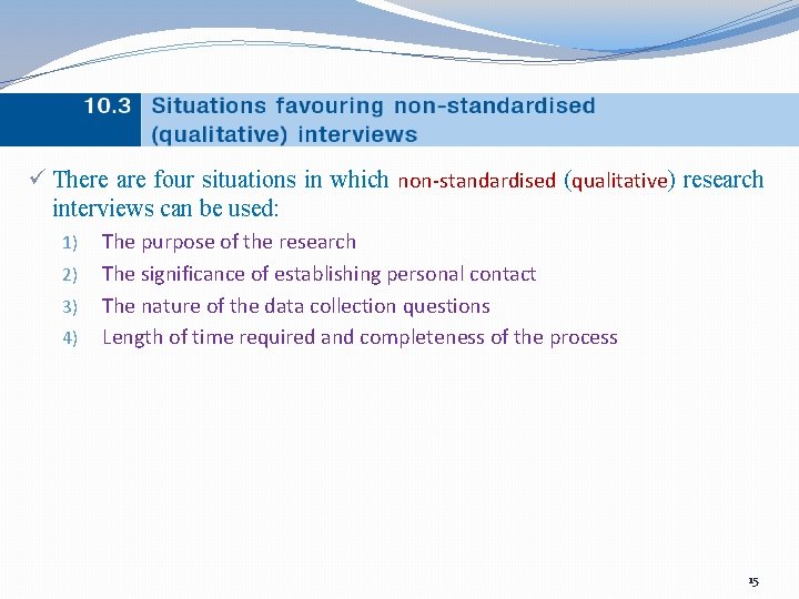 ü There are four situations in which non-standardised (qualitative) research interviews can be used: