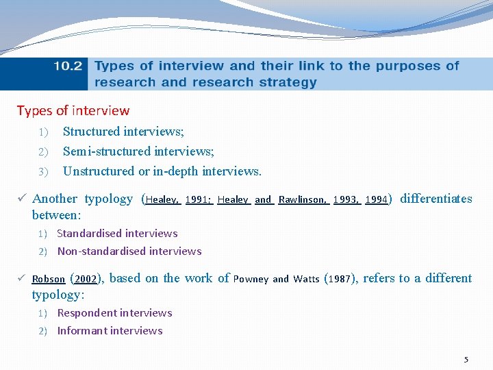Types of interview 1) 2) 3) Structured interviews; Semi-structured interviews; Unstructured or in-depth interviews.