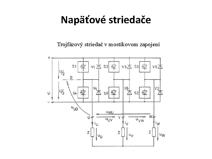 Napäťové striedače Trojfázový striedač v mostíkovom zapojení 