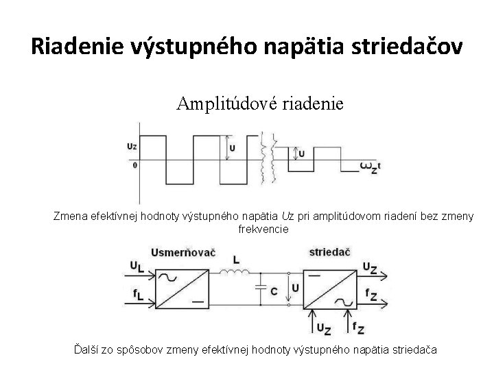 Riadenie výstupného napätia striedačov Amplitúdové riadenie Zmena efektívnej hodnoty výstupného napätia Uz pri amplitúdovom Riadenie výstupného napätia striedačov Amplitúdové riadenie Zmena efektívnej hodnoty výstupného napätia Uz pri amplitúdovom