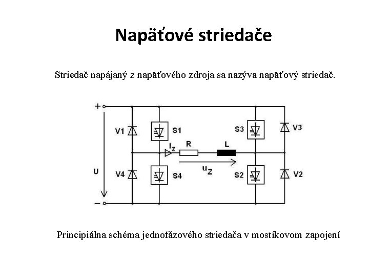 Napäťové striedače Striedač napájaný z napäťového zdroja sa nazýva napäťový striedač. Principiálna schéma jednofázového