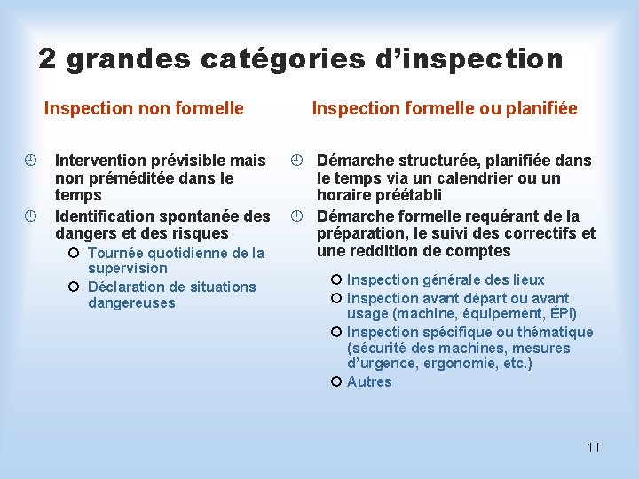 2 grandes catégories d’inspection Inspection non formelle ¿ ¿ Inspection formelle ou planifiée Intervention