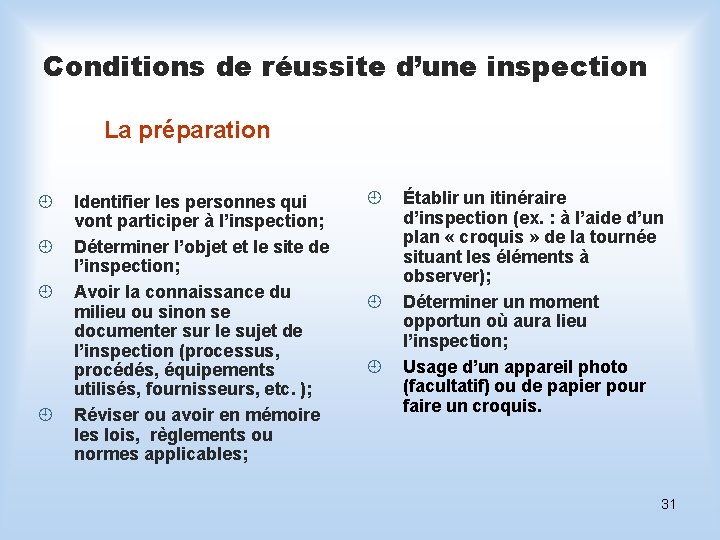 Conditions de réussite d’une inspection La préparation ¿ ¿ Identifier les personnes qui vont