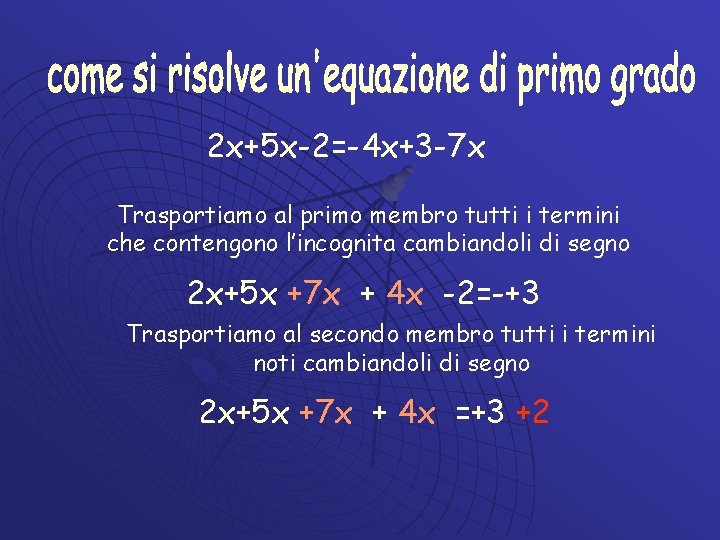 2 x+5 x-2=-4 x+3 -7 x Trasportiamo al primo membro tutti i termini che