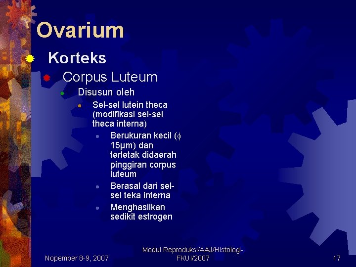 Ovarium ® Korteks ® Corpus Luteum ® Disusun oleh l Sel-sel lutein theca (modifikasi