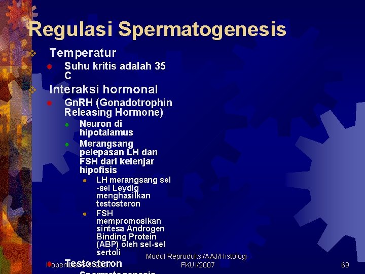 Regulasi Spermatogenesis v Temperatur ® v Suhu kritis adalah 35 C Interaksi hormonal ® Regulasi Spermatogenesis v Temperatur ® v Suhu kritis adalah 35 C Interaksi hormonal ®