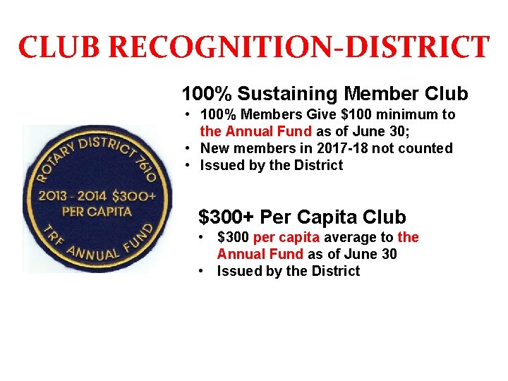 CLUB RECOGNITION-DISTRICT CLUB RECOGNITION- DISTRICT 100% Sustaining Member Club • 100% Members Give $100