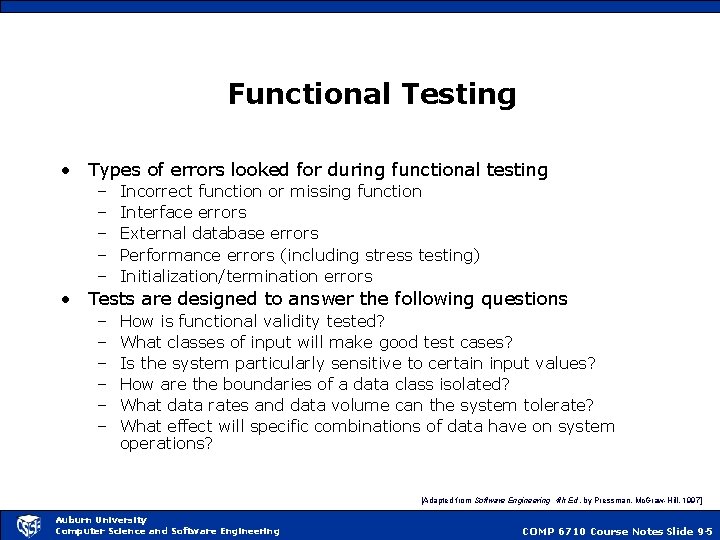 Functional Testing • Types of errors looked for during functional testing – – –