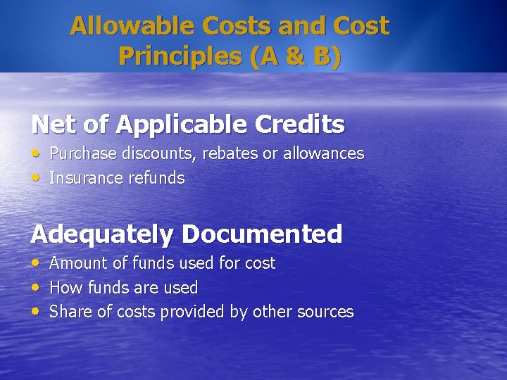 Allowable Costs and Cost Principles (A & B) Net of Applicable Credits • Purchase