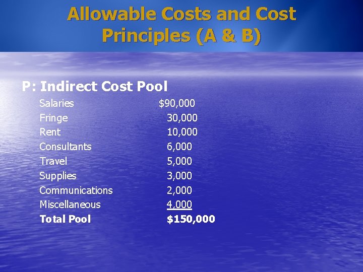 Allowable Costs and Cost Principles (A & B) P: Indirect Cost Pool Salaries Fringe