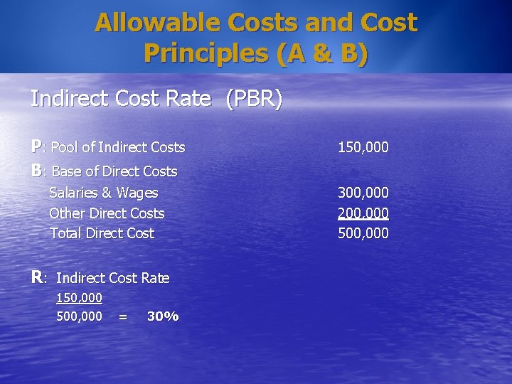 Allowable Costs and Cost Principles (A & B) Indirect Cost Rate (PBR) P: Pool