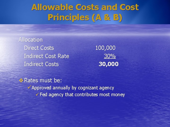 Allowable Costs and Cost Principles (A & B) Allocation Direct Costs Indirect Cost Rate