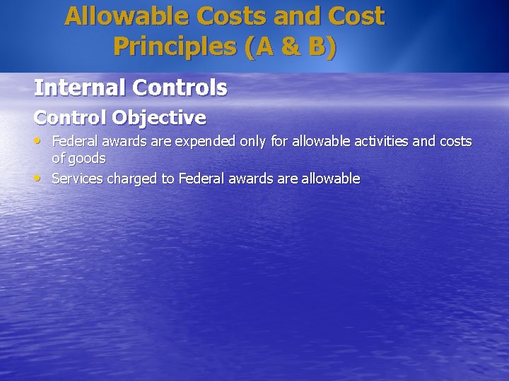Allowable Costs and Cost Principles (A & B) Internal Controls Control Objective • Federal