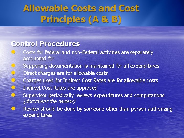 Allowable Costs and Cost Principles (A & B) Control Procedures l l l l