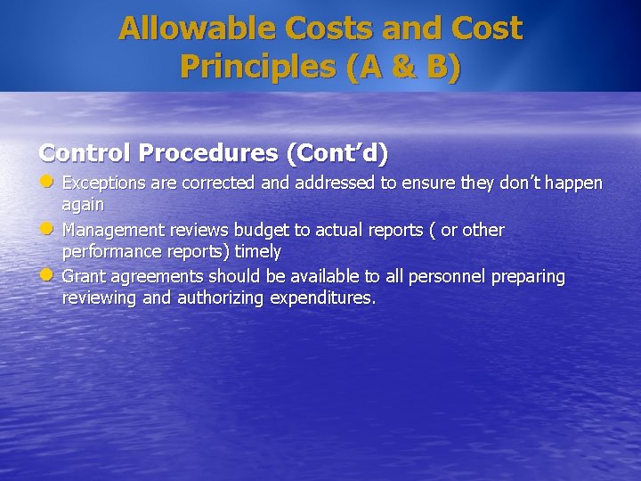 Allowable Costs and Cost Principles (A & B) Control Procedures (Cont’d) l Exceptions are