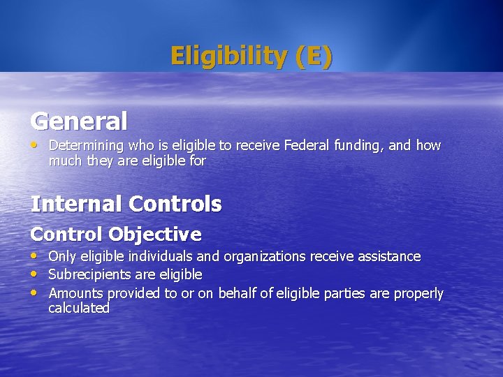 Eligibility (E) General • Determining who is eligible to receive Federal funding, and how