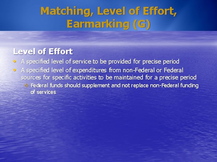 Matching, Level of Effort, Earmarking (G) Level of Effort • A specified level of
