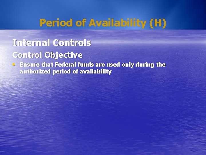 Period of Availability (H) Internal Controls Control Objective • Ensure that Federal funds are