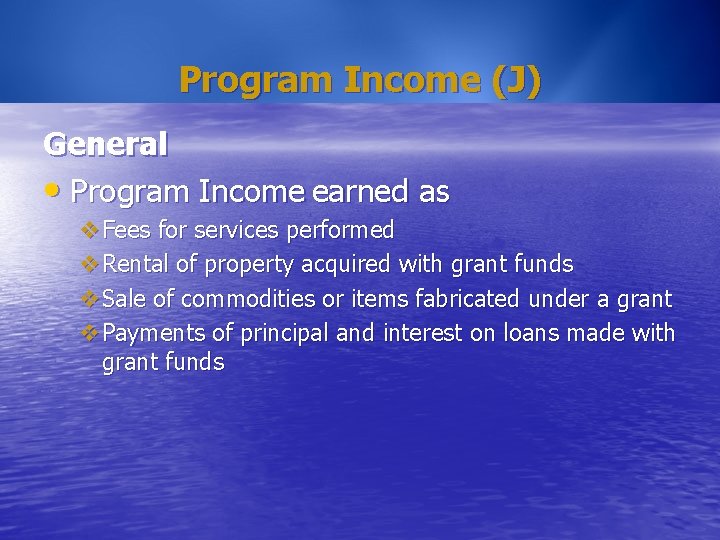 Program Income (J) General • Program Income earned as v. Fees for services performed