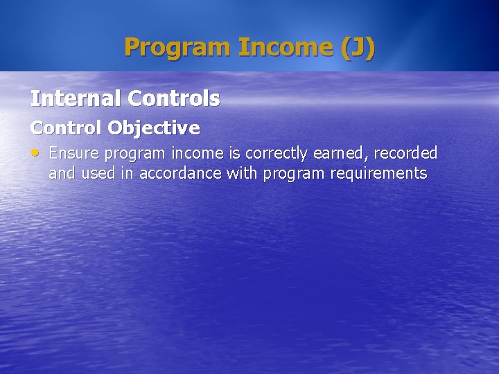 Program Income (J) Internal Controls Control Objective • Ensure program income is correctly earned,