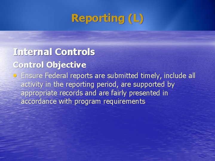Reporting (L) Internal Controls Control Objective • Ensure Federal reports are submitted timely, include