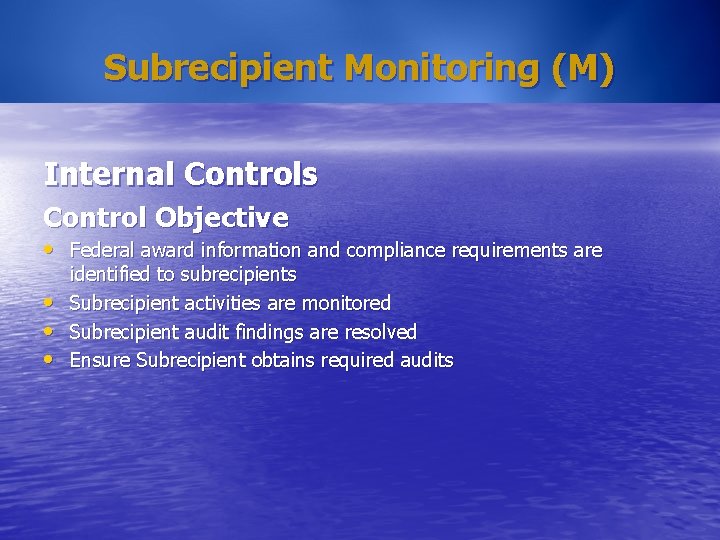 Subrecipient Monitoring (M) Internal Controls Control Objective • Federal award information and compliance requirements