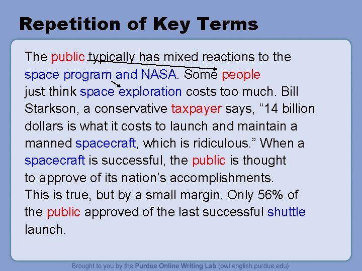 Repetition of Key Terms The public typically has mixed reactions to the space program Repetition of Key Terms The public typically has mixed reactions to the space program