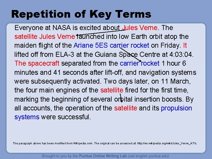 Repetition of Key Terms Everyone at NASA is excited about Jules Verne. The satellite Repetition of Key Terms Everyone at NASA is excited about Jules Verne. The satellite