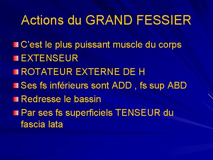 Actions du GRAND FESSIER C’est le plus puissant muscle du corps EXTENSEUR ROTATEUR EXTERNE