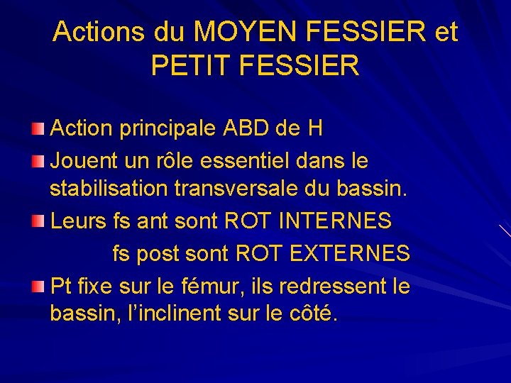 Actions du MOYEN FESSIER et PETIT FESSIER Action principale ABD de H Jouent un